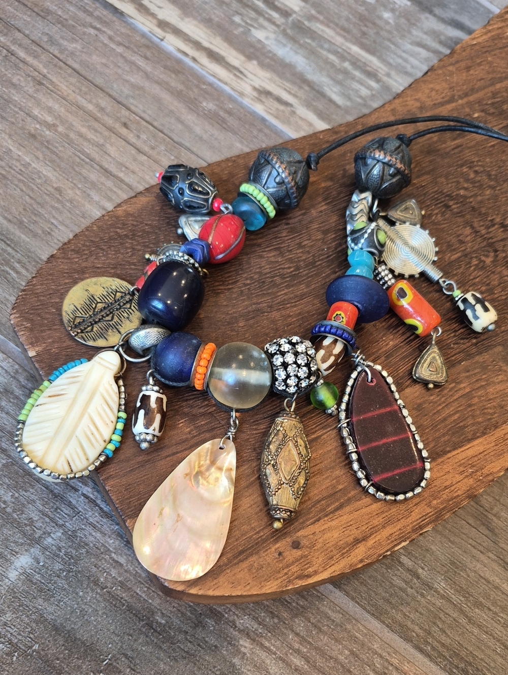 Vintage Eclectic Charm Bead Adjustable Length Leather Cord Necklace
